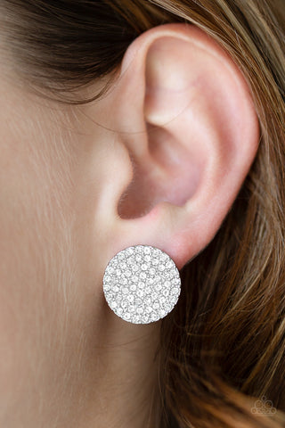 Radiant Ripples - White - Rhinestone Encrusted Round Frame Paparazzi Post Earrings - Black Diamond Exclusive