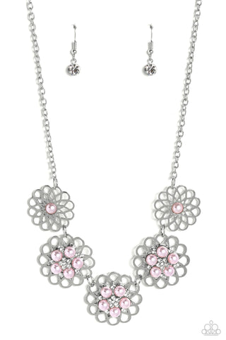 Mandala Mosaic - Pink - Pearl Center Rhinestone Filigree Flower Paparazzi Short Necklace