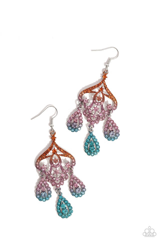 Chandelier Command - Multi - Rhinestone Encrusted Ombre Pink to Blue Paparazzi Fishhook Earrings - 2023 Made for More Convention Exclusive