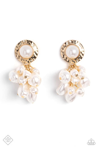Long Time No SEA - Gold - Cascading Baroque Pearl Paparazzi Stud Earrings - August 2023 Fiercely 5th Avenue