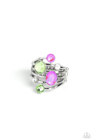 Timeless Trickle - Green - and Pink Rhinestone Paparazzi Ring