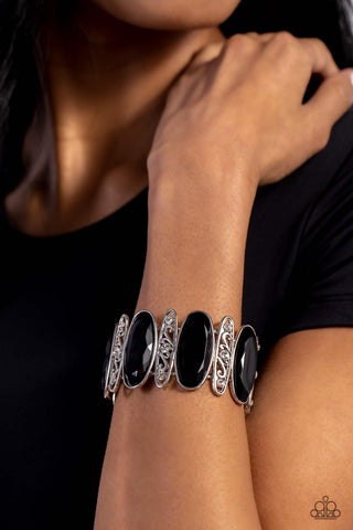 Saturated Sparkle - Black - Oversized Bead Silver Filigree Paparazzi Stretchy Bracelet