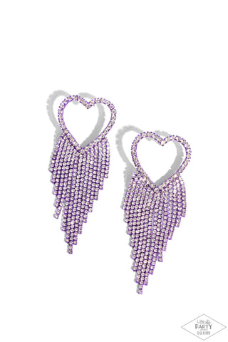 Sumptuous Sweethearts - Purple - Metallic Heart White Rhinestone Tassel Paparazzi Post Earrings - Black Diamond Exclusive