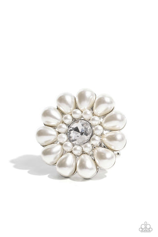 PEARL Talk - White - Rhinestone Center Pearl Flower Paparazzi Ring - September 2023 Life of the Party Exclusive