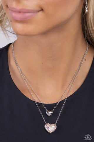 Mismatched Model - Multi - Iridescent Rhinestone Encrusted Heart Tiered Paparazzi Short Necklace