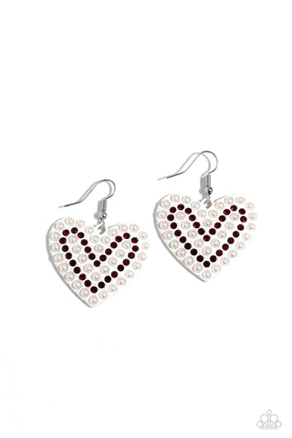 Romantic Reunion - White - Painted Heart with Red Rhinestones and Pearls Paparazzi Fishhook Earrings