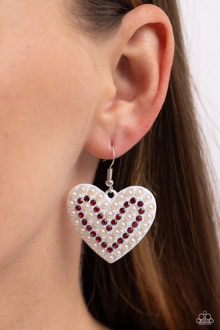 Romantic Reunion - White - Painted Heart with Red Rhinestones and Pearls Paparazzi Fishhook Earrings