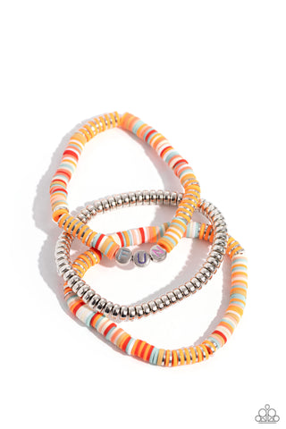 Just for Fun - Orange - Colorful Clay Disc and Silver Bead "FUN" Paparazzi Stretchy Bracelet