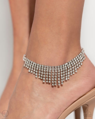 Curtain Confidence - White - Rhinestone Tassel Paparazzi Anklet - April 2024 Life of the Party Exclusive
