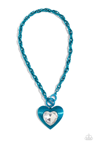 Modern Matchup - Blue - Oversized Metallic Heart White Gem Paparazzi Toggle Short Necklace