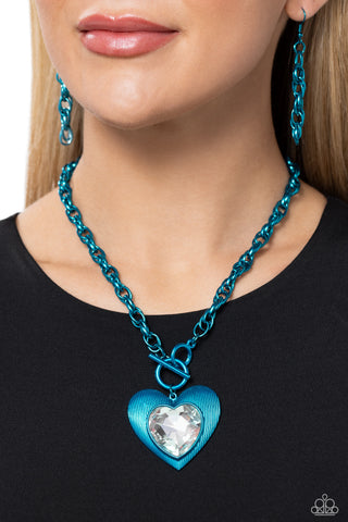 Modern Matchup - Blue - Oversized Metallic Heart White Gem Paparazzi Toggle Short Necklace