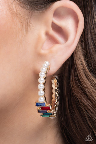 Modest Maven - Gold - White Pearl and Colorful Gem Paparazzi Hoop Earrings