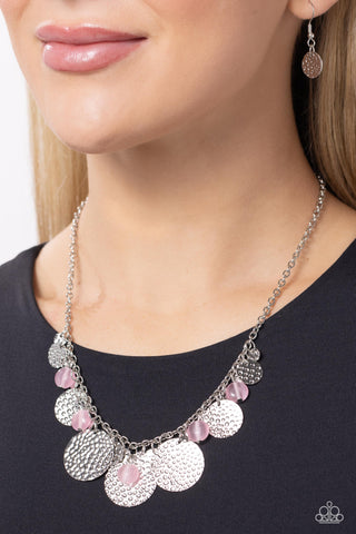 Radiant Review - Pink - Cat's Eye Bead Hammered Silver Paparazzi Short Necklace