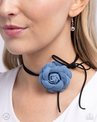 Floral Folktale - Black - Suede with Denim Flower Paparazzi Choker Necklace