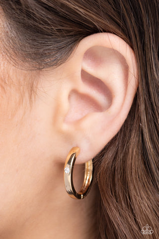 A-Lister Attention - Gold - White Rhinestone Paparazzi Hinge Hoop Earrings