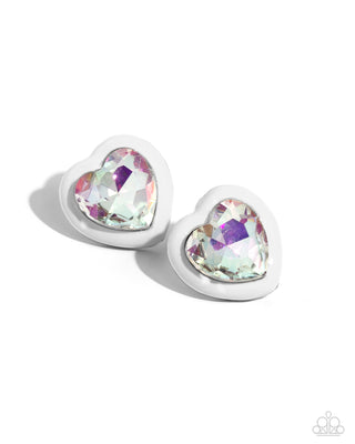 Heartfelt Haute - White - Painted Heart Frame Iridescent Gem Paparazzi Post Earrings