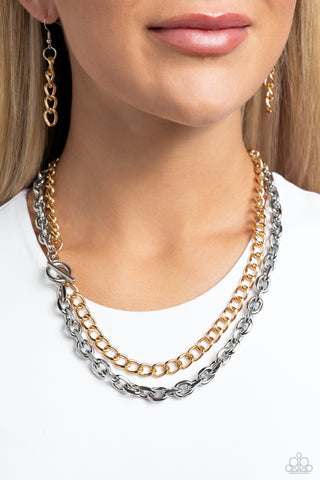 Industrial Improv - Silver - and Gold Chain Toggle Accent Tiered Paparazzi Short Necklace
