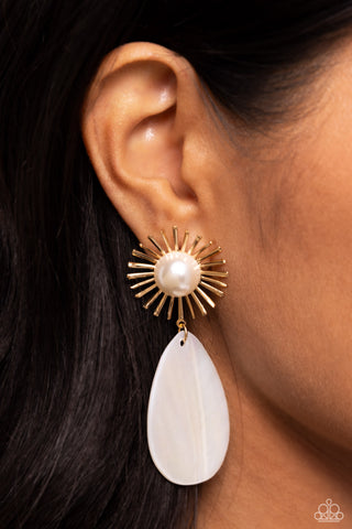 Sunburst Sophistication - Gold - Teardrop Seashell White Pearl Paparazzi Post Earrings