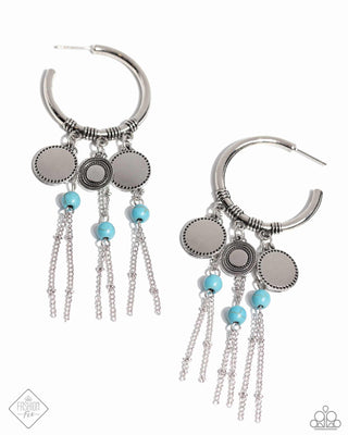 Peppy Pinnacle - Blue - Turquoise Stone Bead Silver Disc Chain Fringe Paparazzi Hoop Earrings - April 2024 Simply Santa Fe