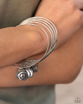 My Interest is Piqued - Silver - Peace Sign and Disc Paparazzi Bangle Bracelet - April 2024 Simply Santa Fe