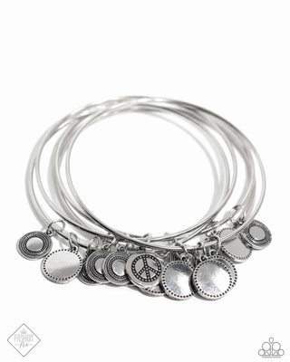 My Interest is Piqued - Silver - Peace Sign and Disc Paparazzi Bangle Bracelet - April 2024 Simply Santa Fe
