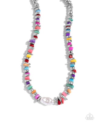 Seasonal Socialite - Multi - Colorful Stone, Silver Bead, White Baroque Pearl Paparazzi Short Necklace