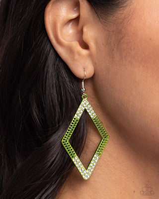 Eloquently Edgy - Green - White Rhinestone Metallic Diamond Frame Paparazzi Fishhook Earrings