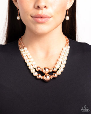 Ballroom Balance - Copper - Bead and White Pearl Tiered Paparazzi Short Necklace