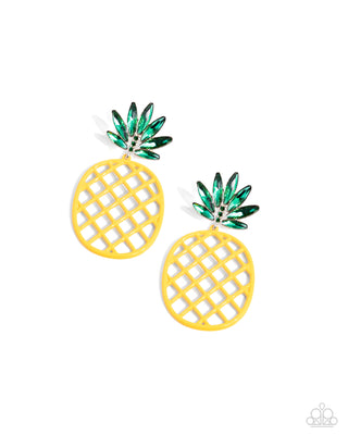 Pineapple Passion - Yellow - Rhinestone and Gold Paparazzi Post Earrings