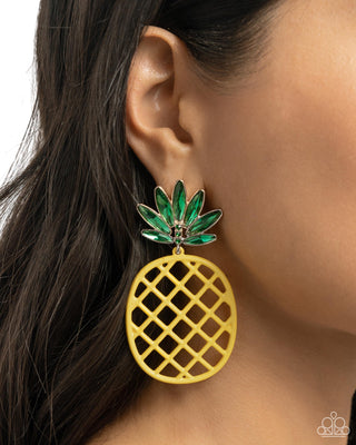 Pineapple Passion - Yellow - Rhinestone and Gold Paparazzi Post Earrings