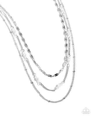 Luxe Layers - White - and Iridescent Bead Silver Chain Tiered Paparazzi Short Necklace