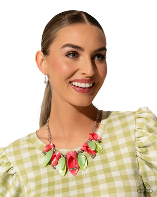 Garden Gaze - Multi - Coral and Green Acrylic Flower and Leaf Paparazzi Short Necklace - June 2024 Life of the Party Exclusive