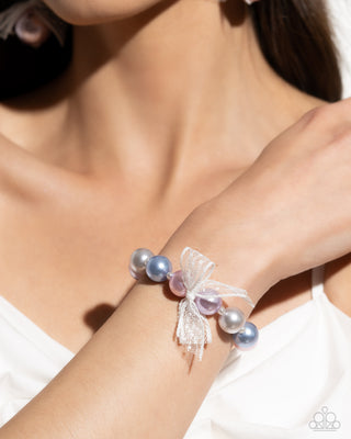 Girly Glam - Multi - Pink, Blue, Purple, and Silver Pearl White Ribbon Paparazzi Stretchy Bracelet