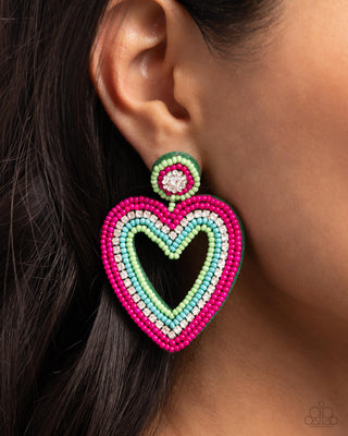 Headfirst Heart - Green - and Pink Seed Bead White Rhinestone Paparazzi Post Earrings