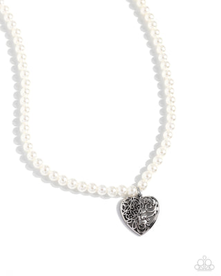 Filigree Infatuation - White - Heart Pendant Pearl Paparazzi Short Necklace