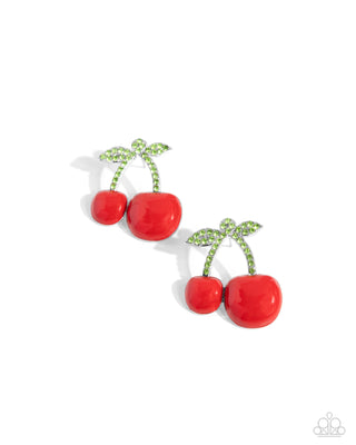 Charming Cherries - Red - Painted Cherry Green Rhinestone Paparazzi Post Earrings
