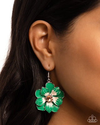 Tropical Treasure - Green - and White Painted Flower Peach Gem Paparazzi Fishhook Earrings