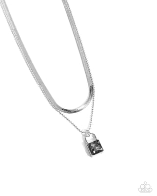 Padlock Possession - Silver - Herringbone and Ball Chain Smoky Gem Lock Tiered Paparazzi Short Necklace