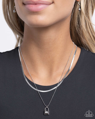 Padlock Possession - Silver - Herringbone and Ball Chain Smoky Gem Lock Tiered Paparazzi Short Necklace