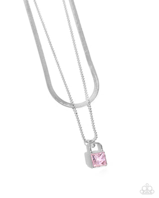 Padlock Possession - Pink - Gem Lock Herringbone Chain Tiered Paparazzi Short Necklace