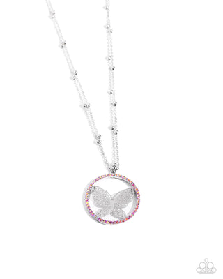 Festive Flight - Pink - and Iridescent Rhinestone Border Silver Filigree Butterfly Paparazzi Necklace