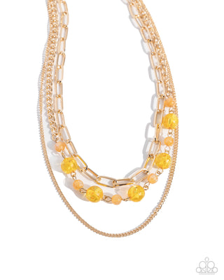Beaded Behavior - Yellow - Opalescent and Glittery Bead Tiered Gold Paparazzi Short Necklace
