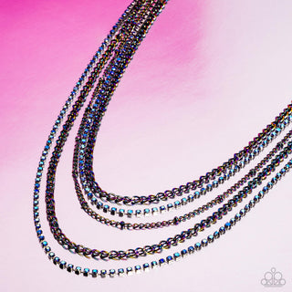 Dangerously Demure - Multi - Oil Spill and Blue Iridescent Rhinestone Tiered Paparazzi Necklace - Pink Diamond Exclusive