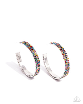Stacked Symmetry - Multi - Colorful Rhinestone Paparazzi Hoop Earrings - 2024 Empower Me Pink Exclusives