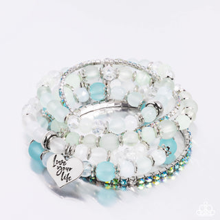 Optimistic Opulence - Multi - Green, Blue, and White Bead "Love Your Life" Inspirational Paparazzi Stretchy Bracelet - Pink Diamond Exclusive