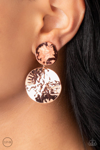 Rush Hour - Copper - Hammered Disc Paparazzi Clip-On Earrings