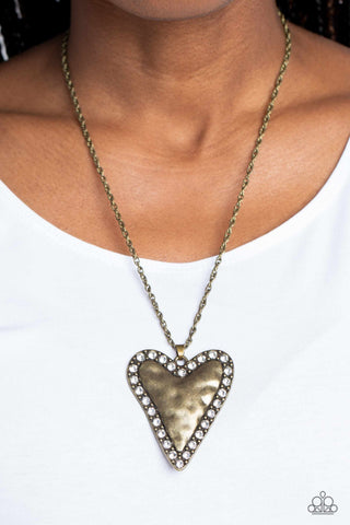 Radiant Romeo - Brass - White Rhinestone Asymmetrical Heart Paparazzi Short Necklace
