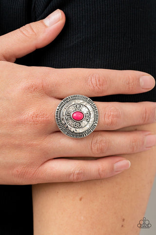 All Things Must COMPASS - Pink - Beaded Center Silver Filigree Paparazzi Ring