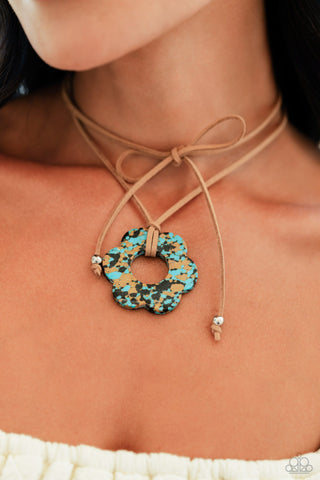 Tied Triumph - Brown - Turquoise Stone Flower Suede Cord Paparazzi Short Necklace