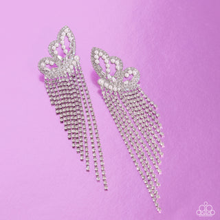 Aerial Accent - White - Rhinestone Butterfly Tassel Paparazzi Post Earrings - 2024 Empower Me Pink Exclusive